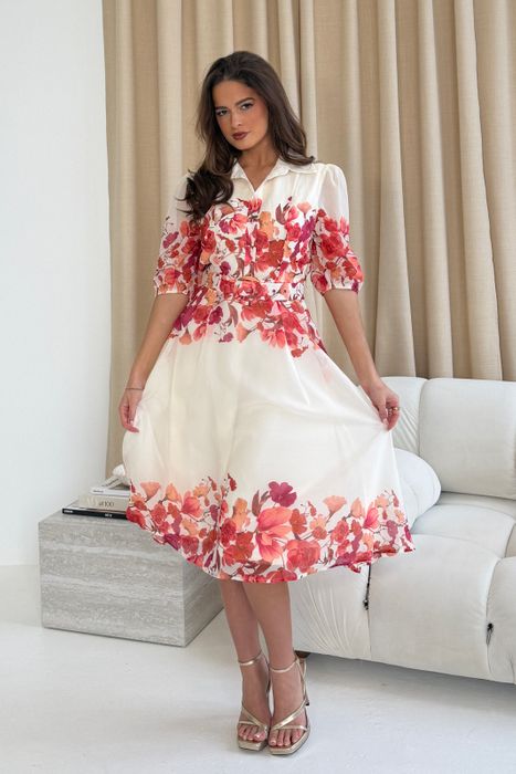 Holland Cream and Pink Floral Collar Midi Dress