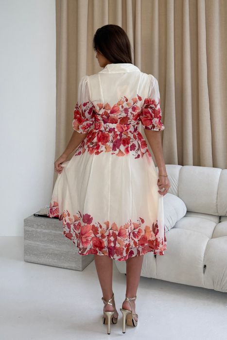 Holland Cream and Pink Floral Collar Midi Dress
