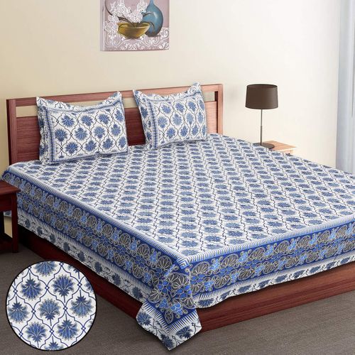 Handblock Blue Floral Cotton Bedsheet Set