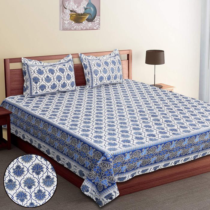 Handblock Blue Floral Cotton Bedsheet Set