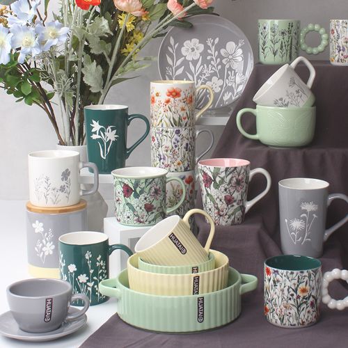 Ceramic mug, plate, cup& saucer with tree/flower design