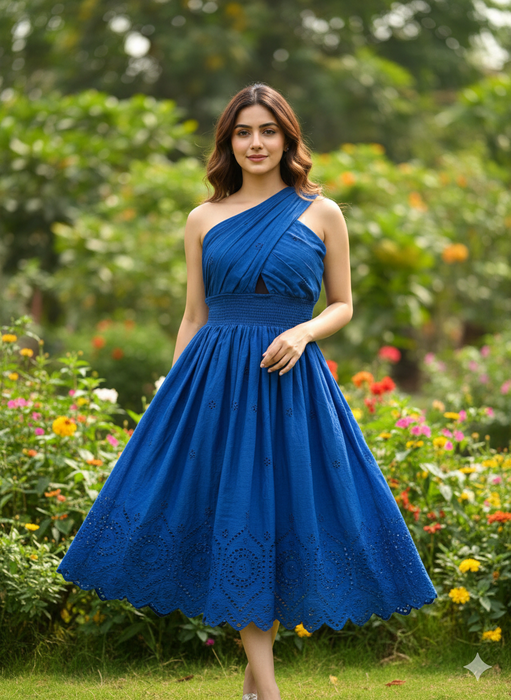Blue Cotton Schiffli Dress