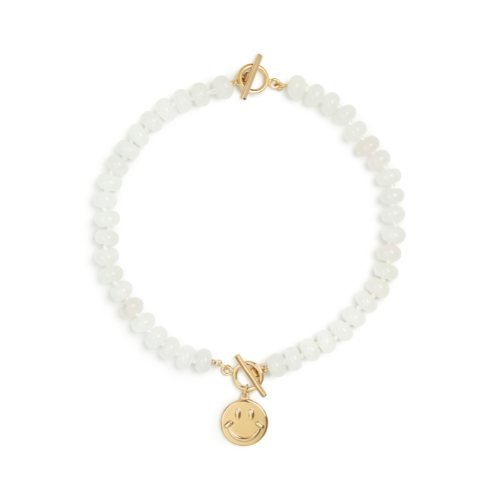 White Jade Stone Natural Beaded Smiley Charm 2-in-1 Necklace and Bracelet