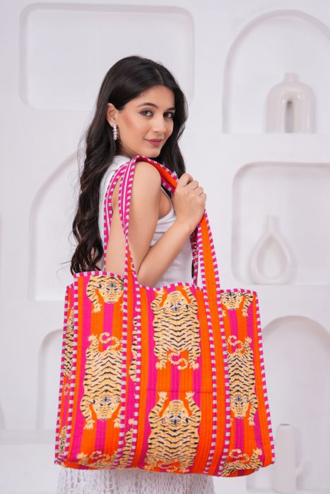 Handmade Quilted Cotton Tote Bag: Ethnic Boho Shopper