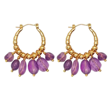 18k Gold Plated Stainless Steel Amethyst Tassel Hoops