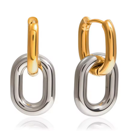 18k Gold Plated Stainless Steel Mixed Metal Link Drop Earrings - Duo Tone