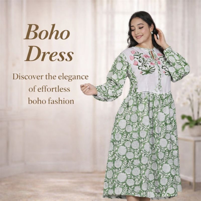 Printed Bohemian Cotton Dress – Trendy & Comfortable