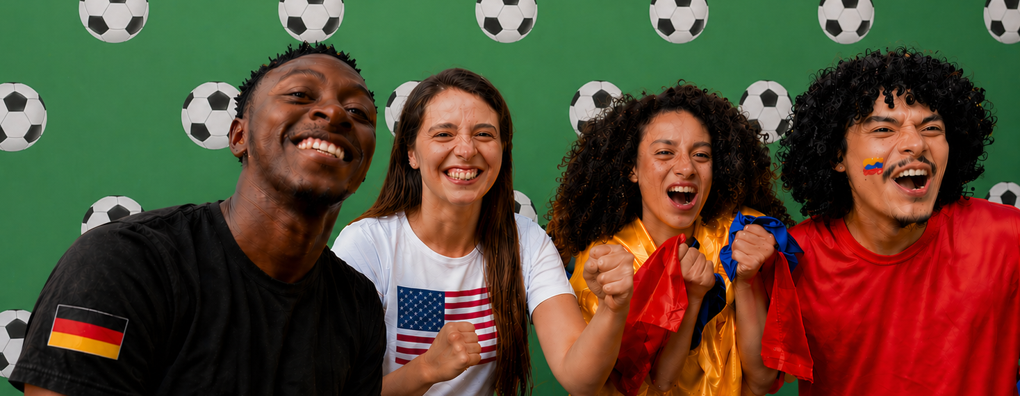 4 people in front of a soccer wall