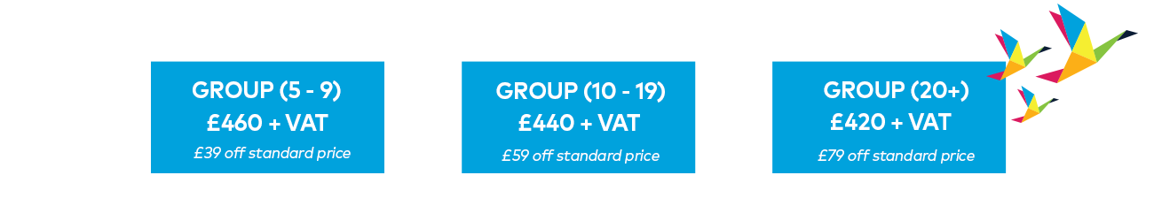 Image showing the conference costs for group bookings. £460 plus vat for groups 5-9, £440 plus vat for groups 10-19 and £420 plus vat for groups of 20 or more