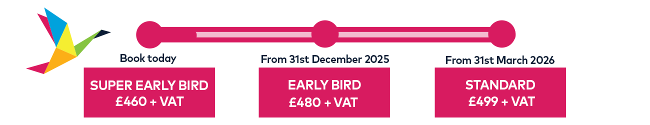 Image showing the conference costs for individual bookings. £460 plus vat until 31st December, £480 plus vat until 31st March and then £499 plus vat.