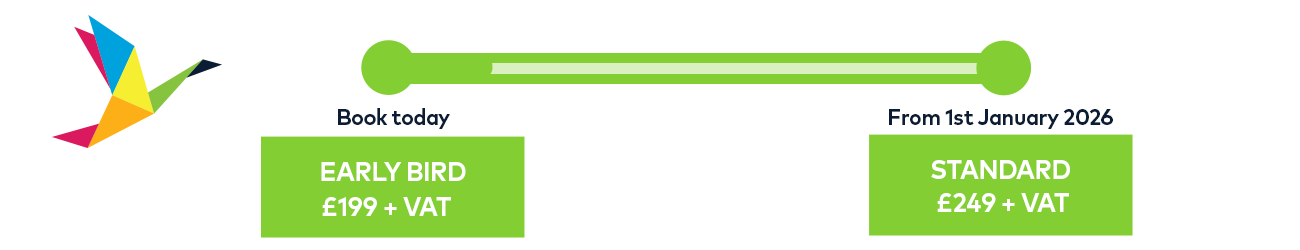 Image showing the conference costs for friday only bookings. £199 plus vat for bookings made before 31st December 2025. £249 plus VAT for bookings made after 1st January 2025.