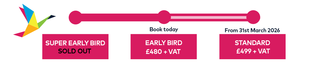 Image showing the conference costs for individual bookings. £460 plus vat until 31st December, £480 plus vat until 31st March and then £499 plus vat.