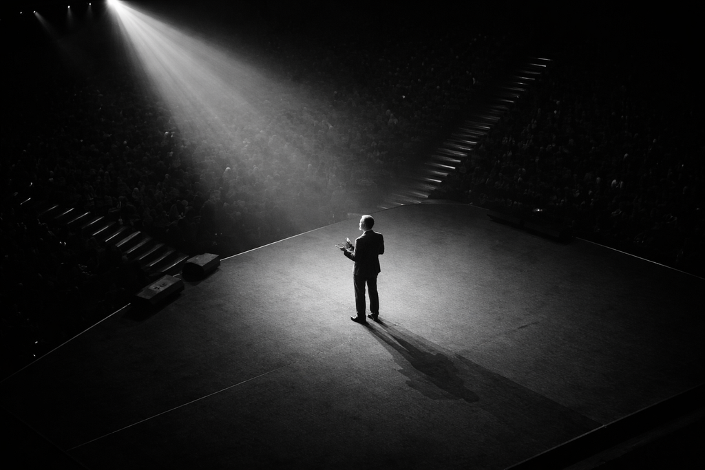 A silhouette of a person standing on a brightly lit stage, addressing an audience in a dimly lit auditorium. The spotlight creates dramatic shadows.