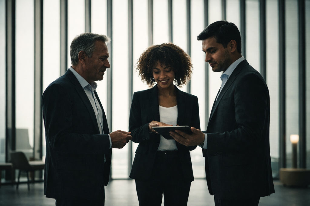 Three professionals in business attire engaged in a discussion, with one person holding a tablet. The background features large glass windows allowing natural light to fill the space.