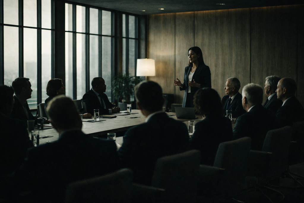 Three professionals in business attire engaged in a discussion, with one person holding a tablet. The background features large glass windows allowing natural light to fill the space.