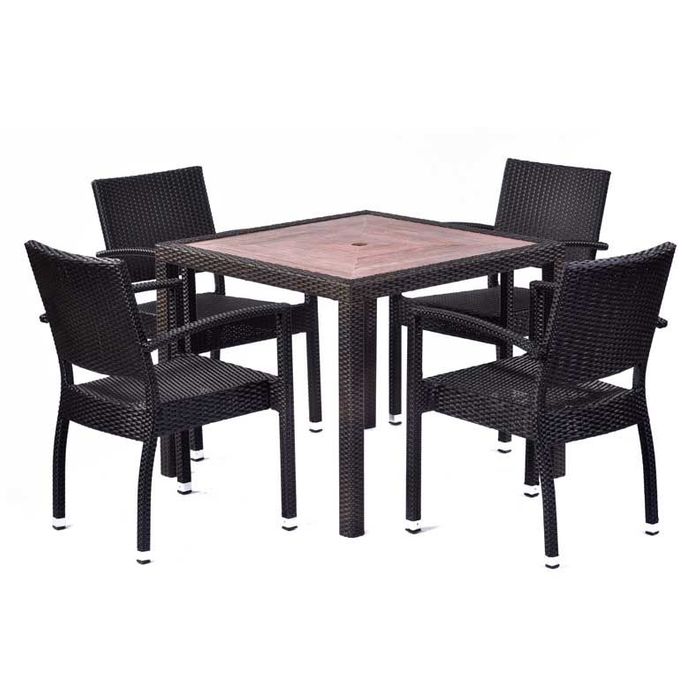 Ascot 90cm Square Teak Polyresin Topped Table with 4 Ascot Rattan Arm Chair Set- Black/Brown Weave