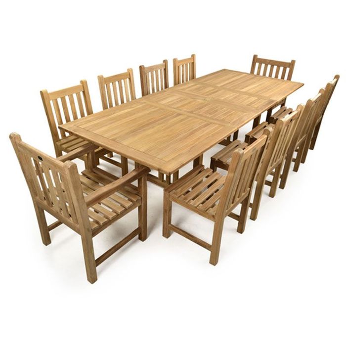 Berrington Grade A Teak Rectangle 10 Seat Dining Set With 8 Side Chairs & 2 Arm Chairs- 270cm Extendable