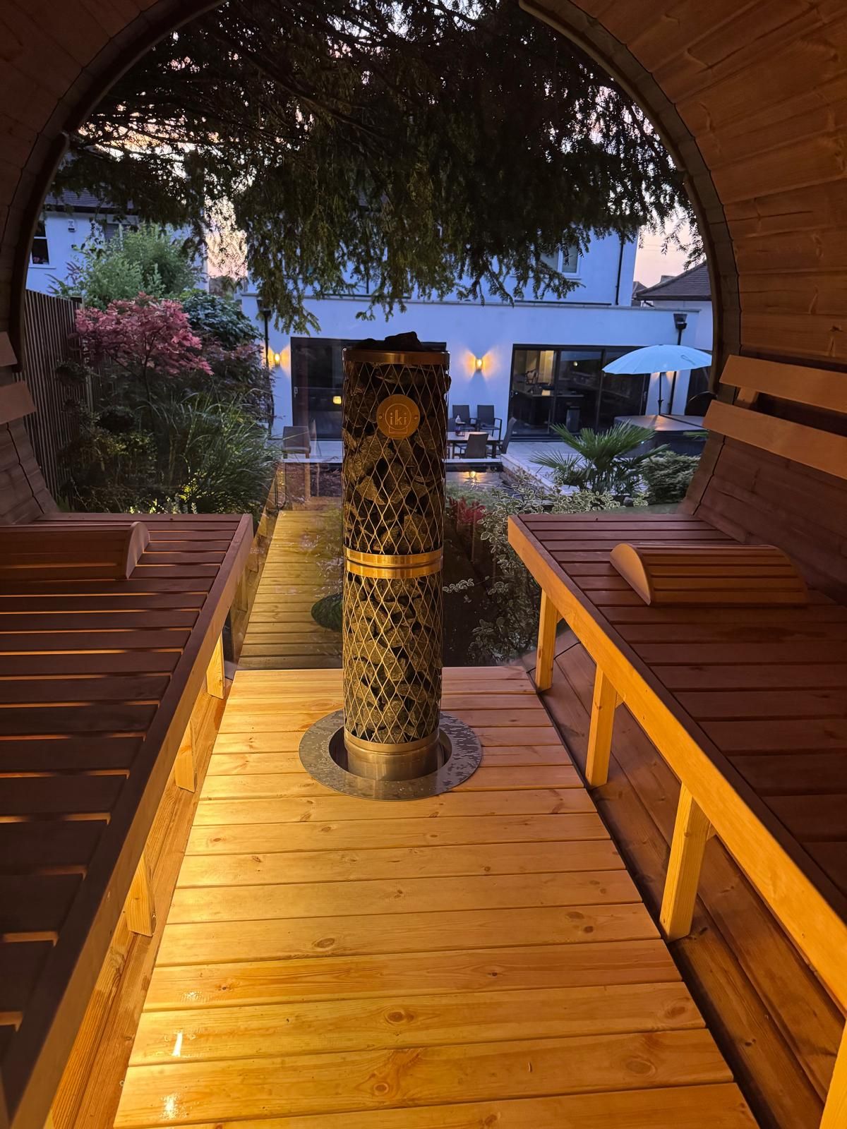 A residential 2.5m X 2.3m Barrel Sauna