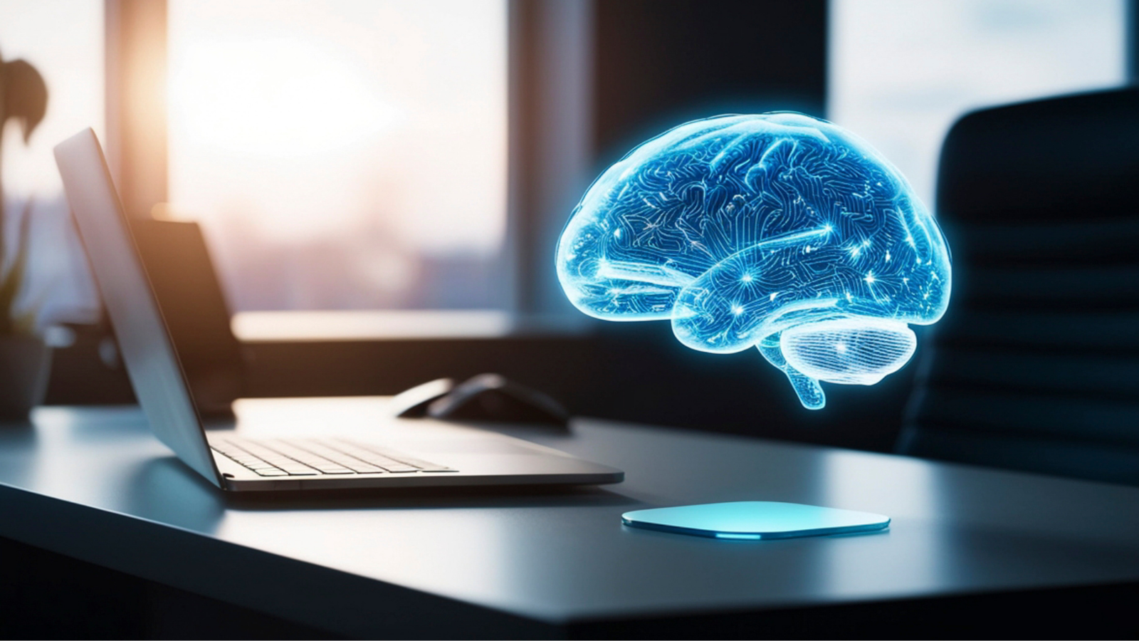 a digital brain on a desk, depicting AI