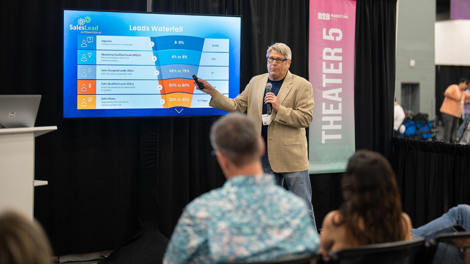 B2B Marketing Expo US 2026 seminar with speaker presenting lead generation strategy on stage at Miami Beach Convention Center