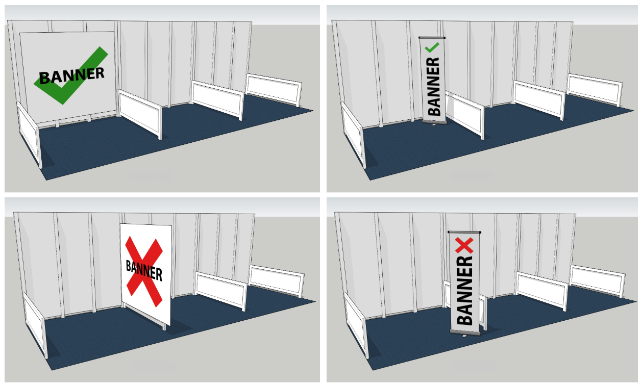 Four banner placements showing banners are only permitted in the rear of a booth
