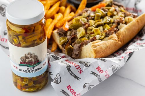 Authentic Chicago Italian Beef with Rosati's Pizza's own Hot Giardiniera on Turano Bread