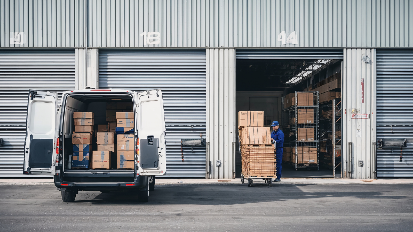 Warehouse worker loading delivery van at a logistics center, showing e-commerce fulfillment and supply chain growth in the US market