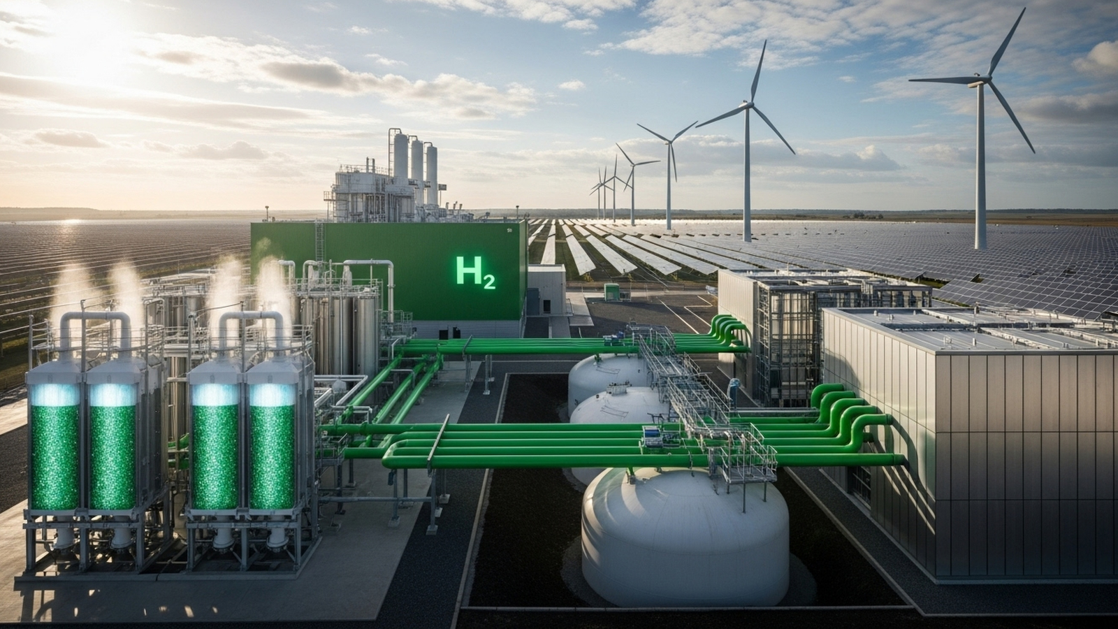 Renewable energy facility with hydrogen production, solar panels, and wind turbines, showing clean energy investment and infrastructure growth in the US