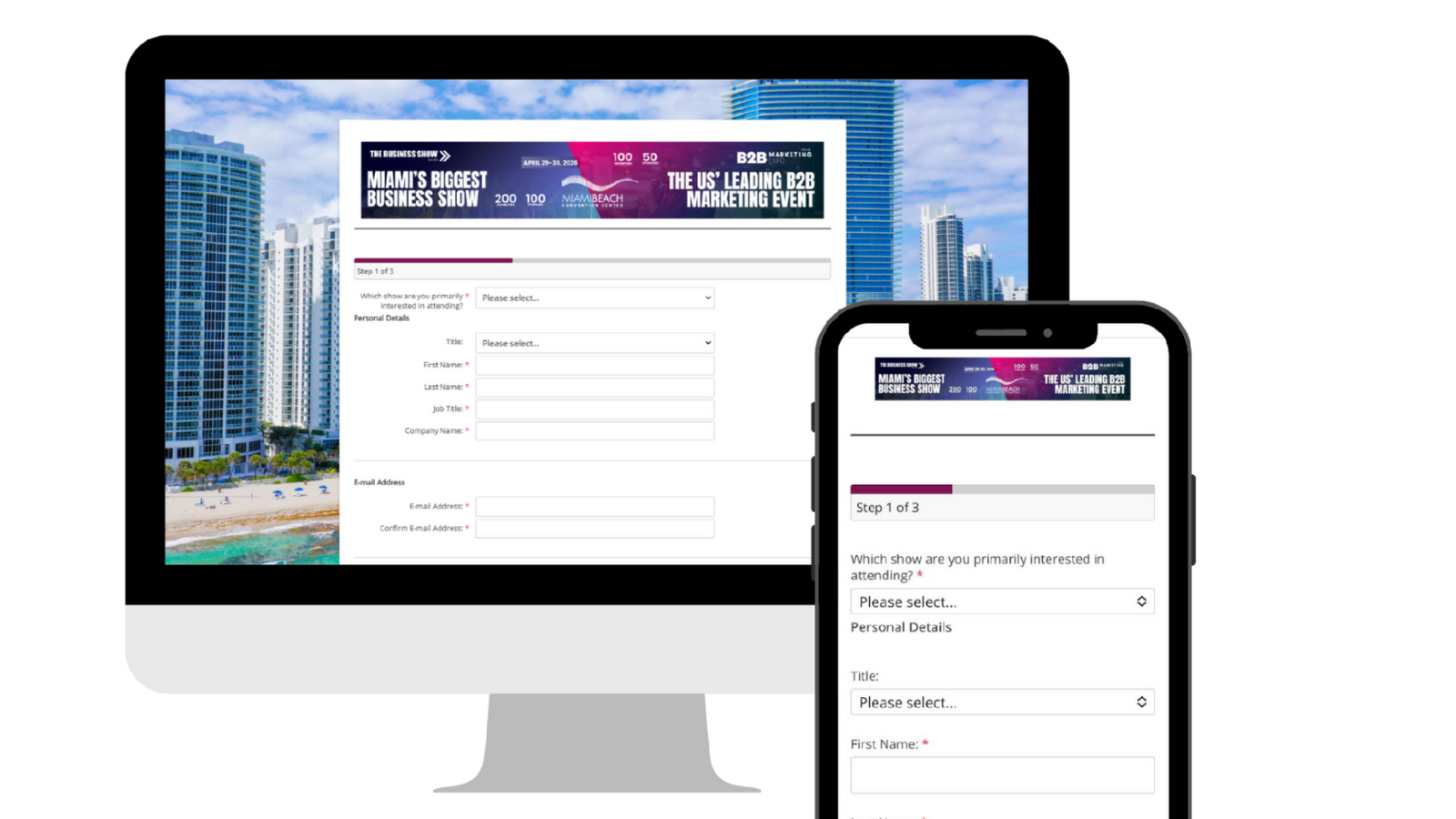a mockup of the registration form on a PC and phone screen