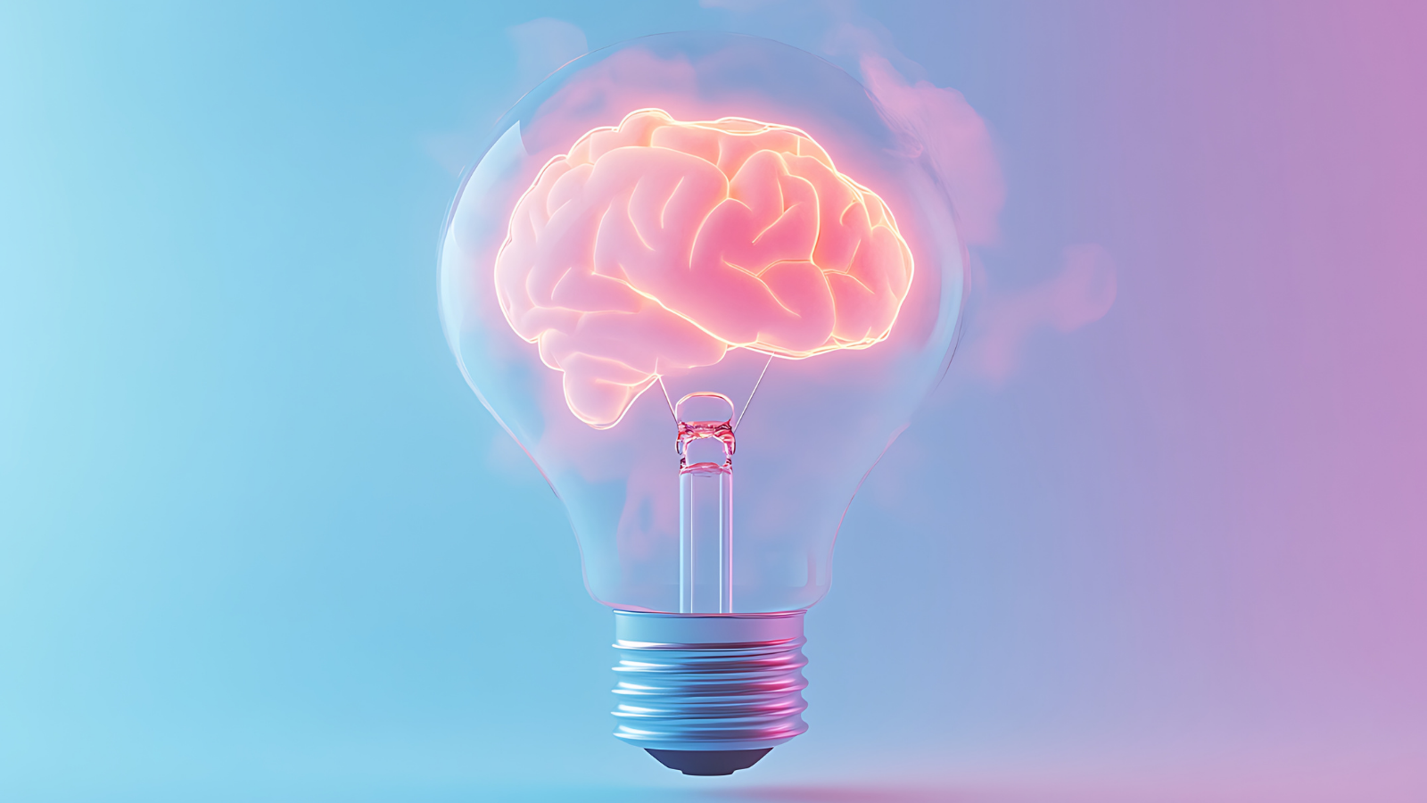 A brain inside of a lightbulb with a blue and pink background