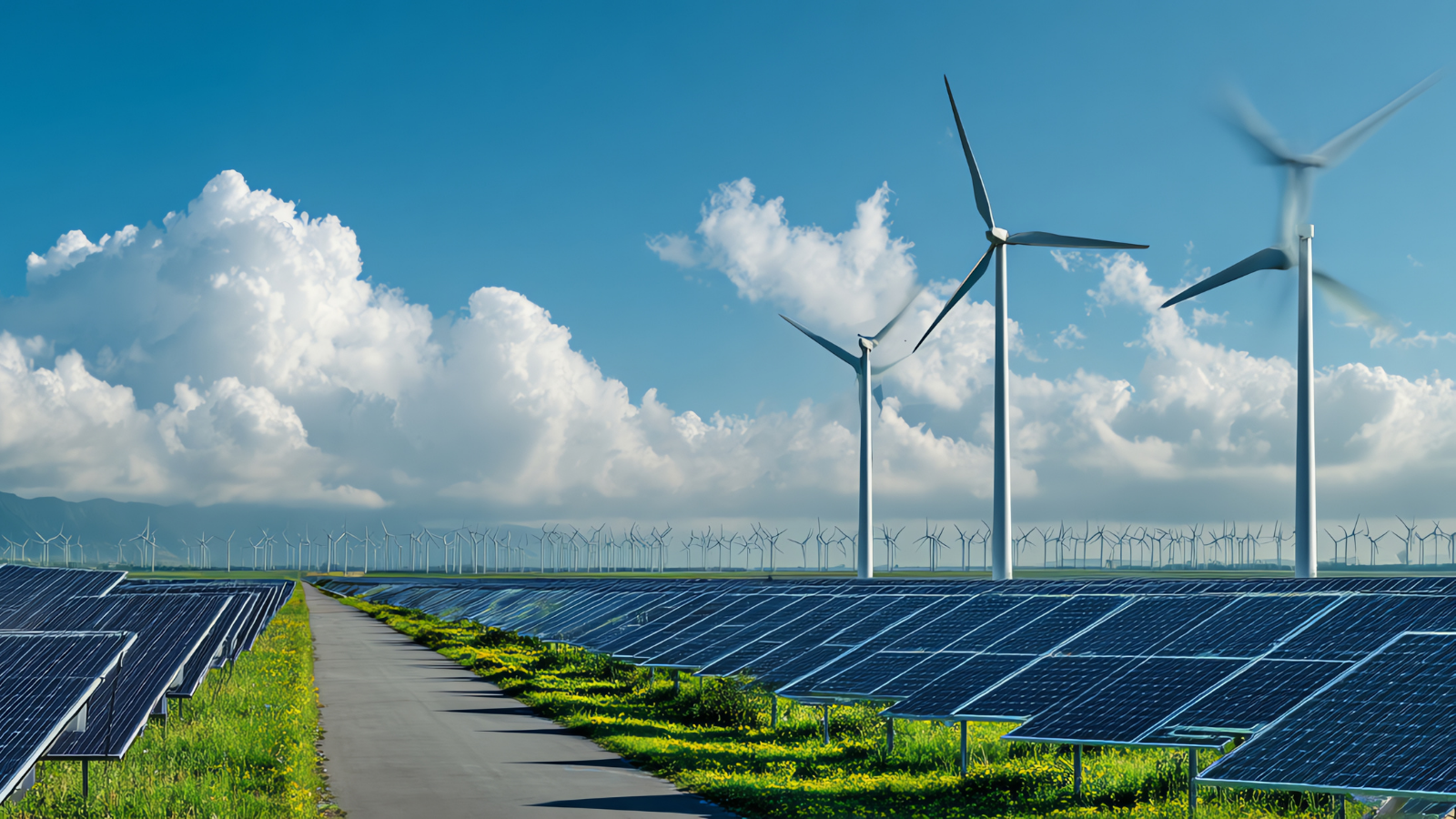 A field full of solar panels and wind turbines