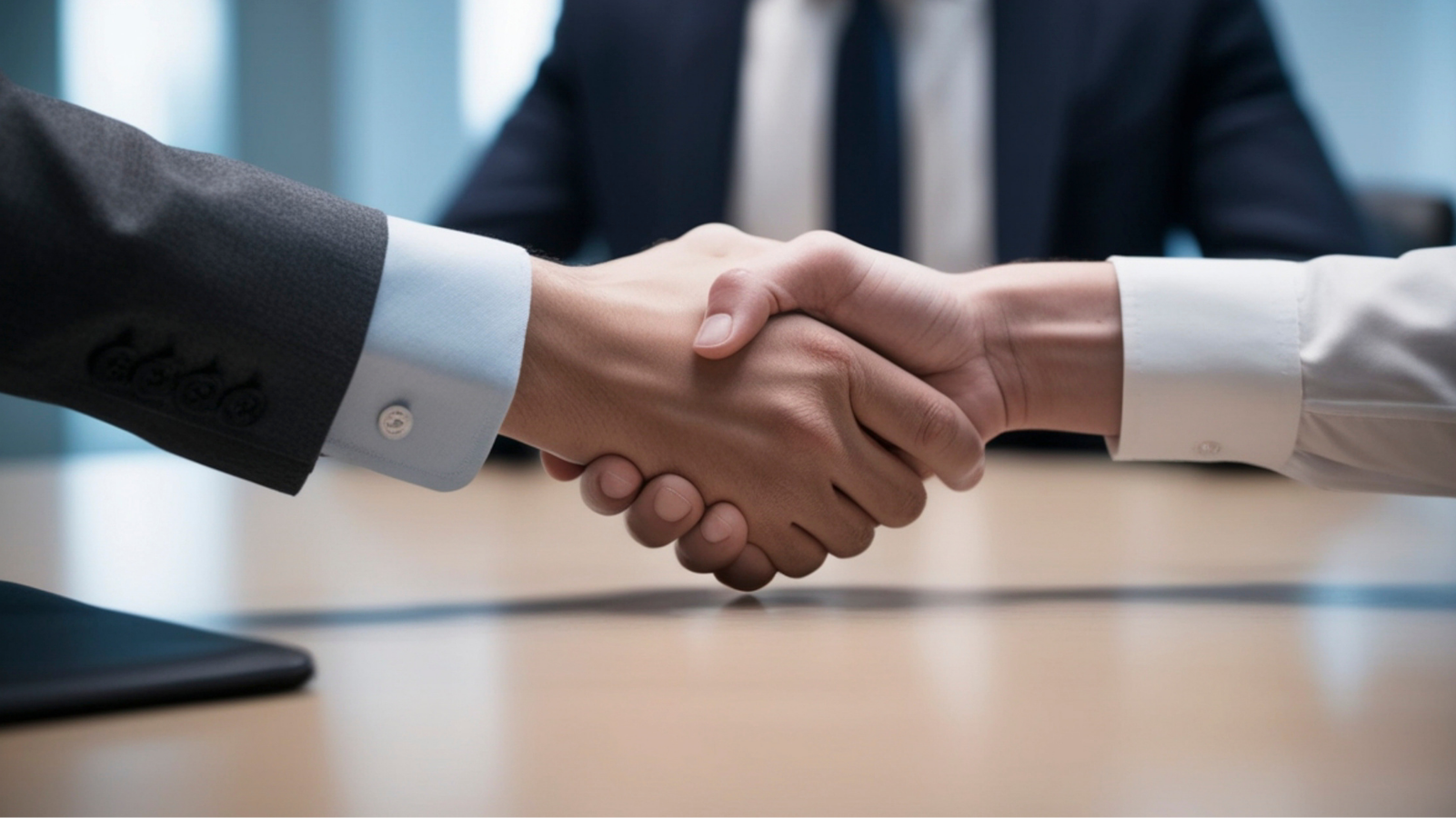 Two business professionals shaking hands across a desk, symbolising partnership, trust and high-level business deals.
