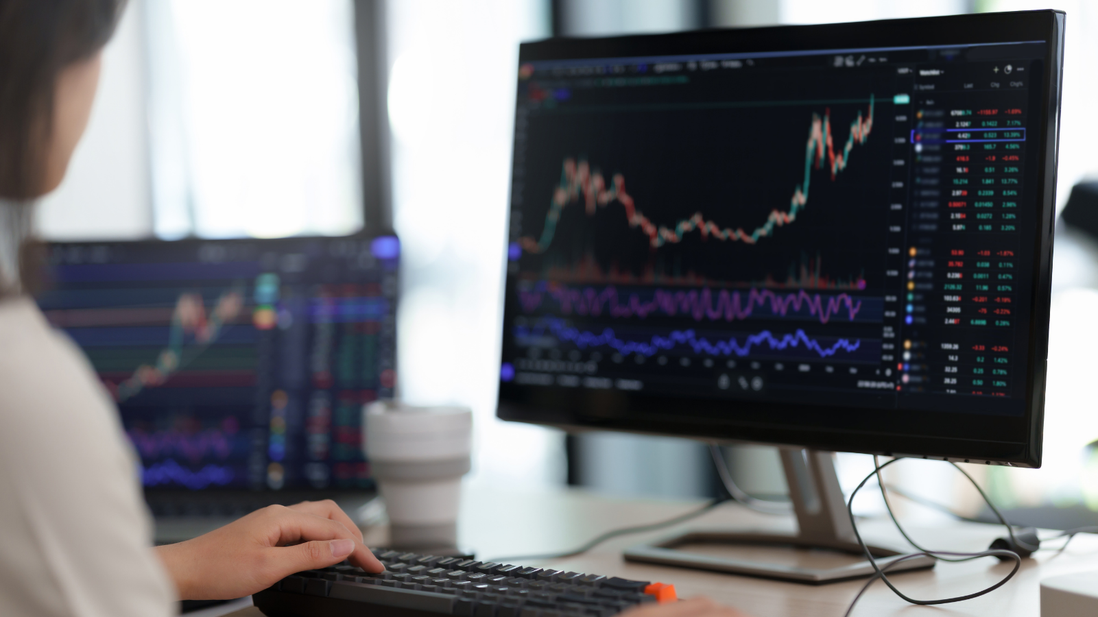 Business professional analysing financial charts and market data on multiple computer screens in a modern office environment.