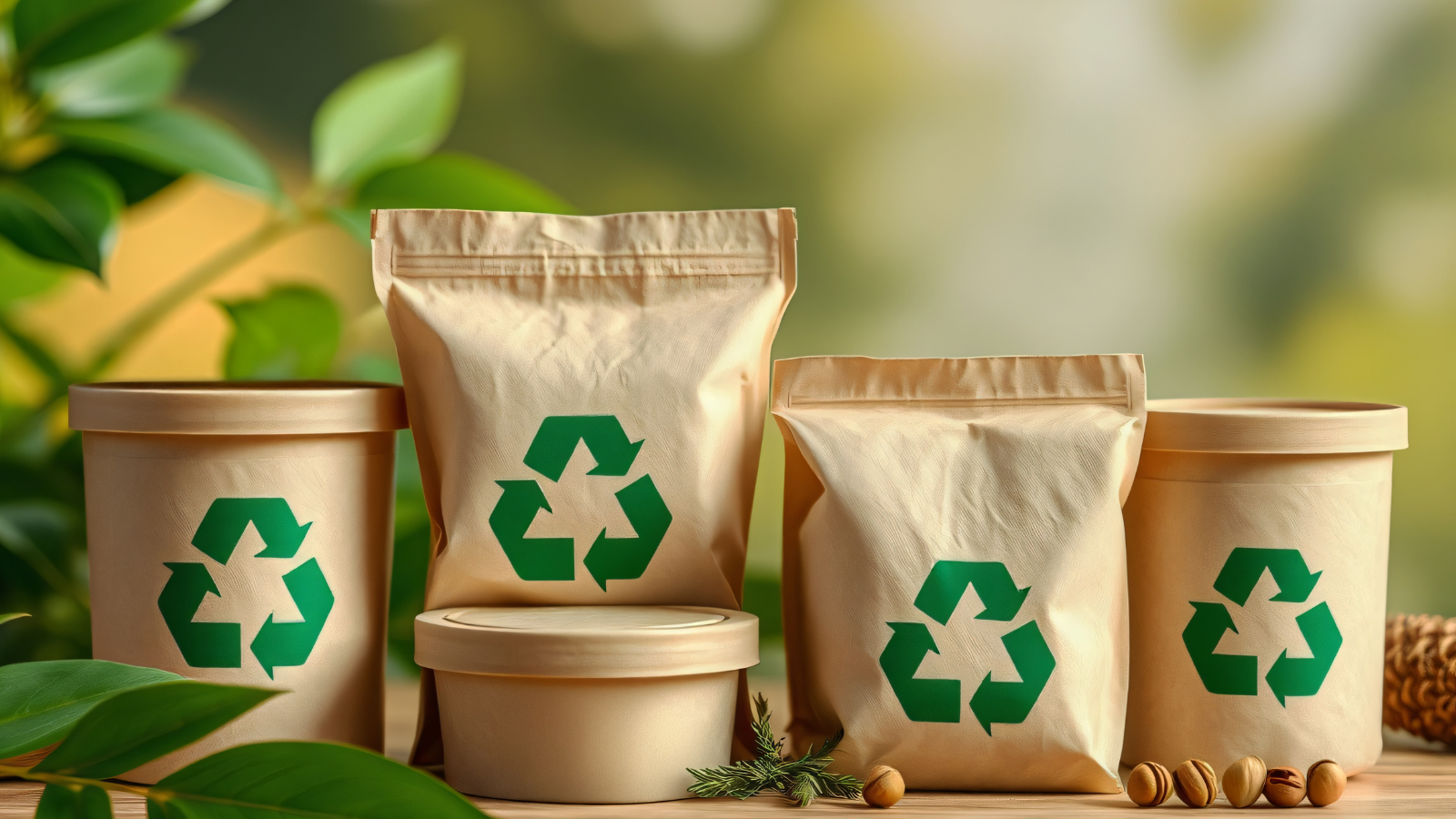 An image of generic products with a recycling sign on them