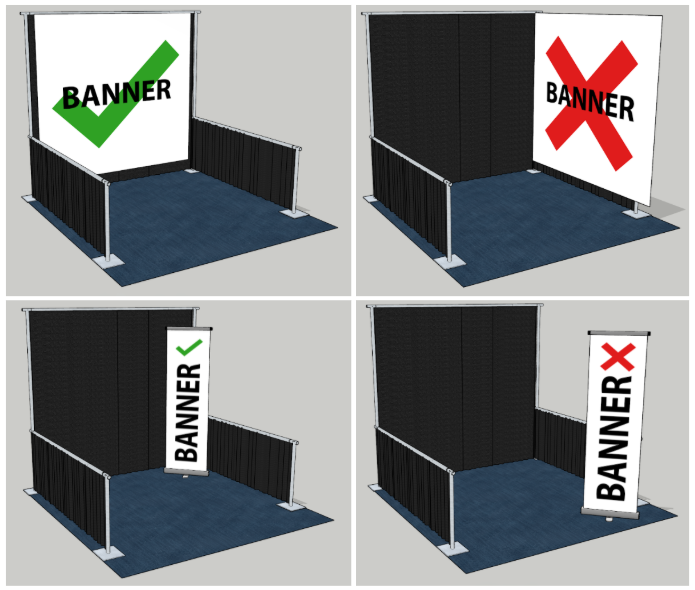 Four images showing that banners above 4' must be at the back of the booth