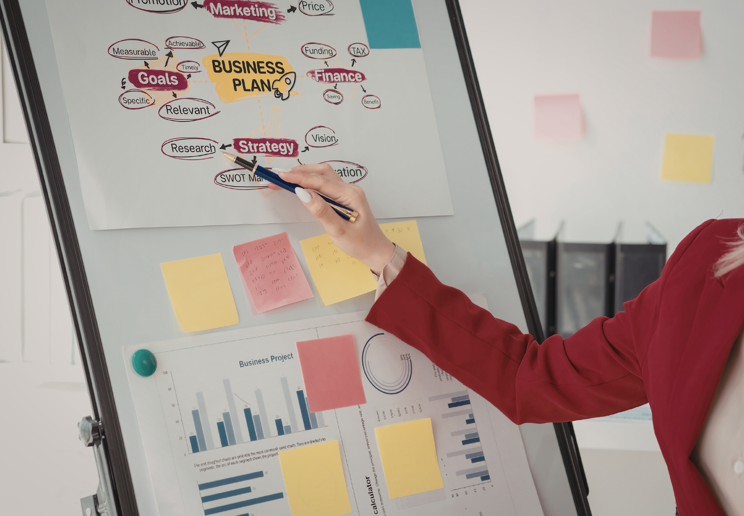 Digital marketing business plan on a white board, with aim to increase brand visibility