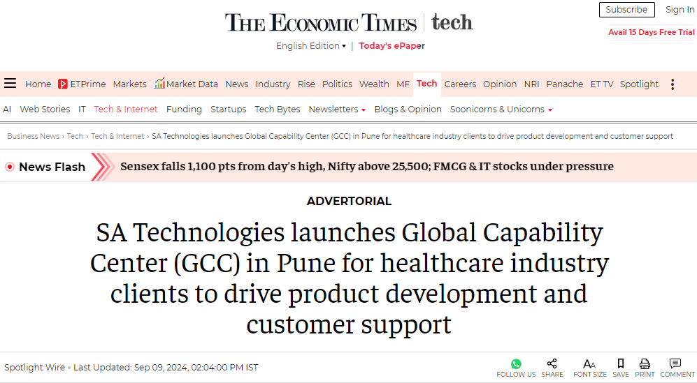 SA Technologies launches Global Capability Center (GCC) in Pune for healthcare industry clients to drive product development and customer support