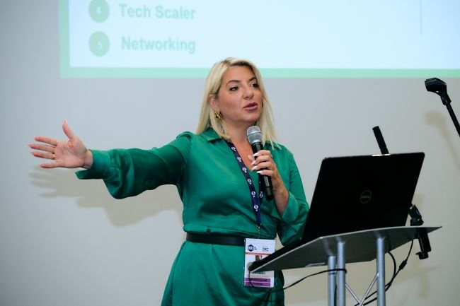 Dina Kakaras, the head of Commercial X, speaking at DSEI UK 2025. (DSEI UK)