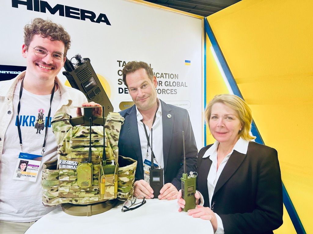 Justin Zeefe (centre) and Deborah Fairlamb (right) are founding partners at Green Flag Ventures, which invests in the Ukrainian defence space. They are pictured with Mykhailo Rudominskyi (left), founder of Himera, one of Green Flag's portfolio companies. 