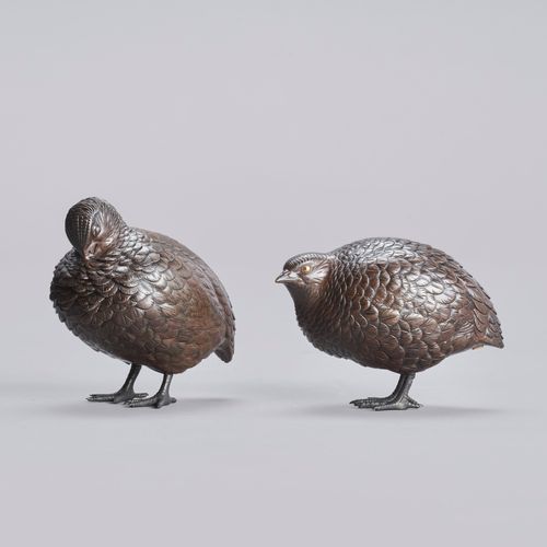 Japanese bronze quails signed Atsuyoshi with seal Maruki Meiji period