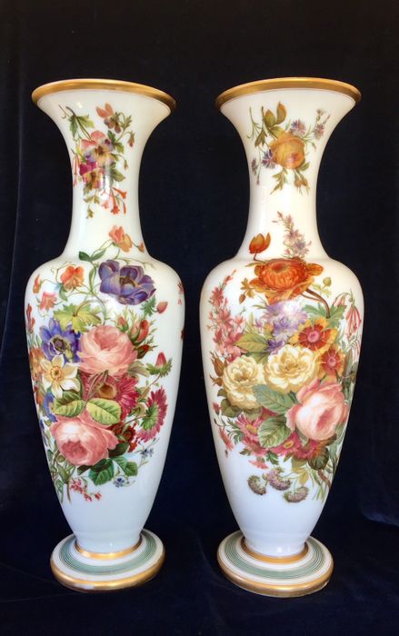 A pair of finely enamelled large opaline vases