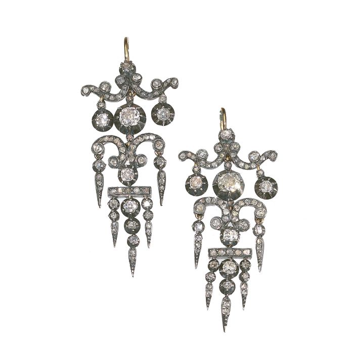 Antique Diamond And Silver Upon Gold Drop Earrings, Circa 1850