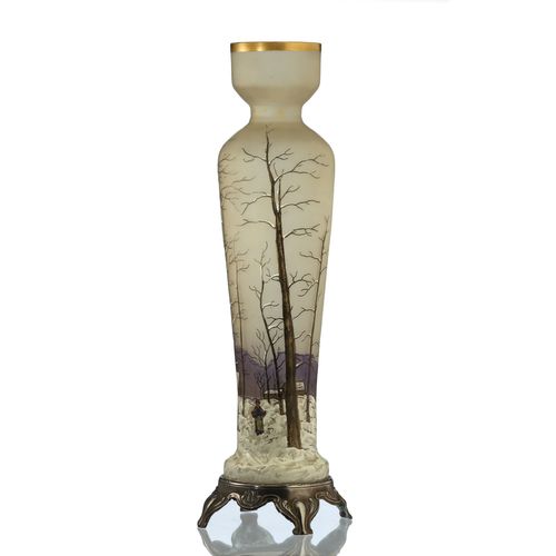 c.1920 Legras Paysage de Neige Enamelled Snow Landscape Glass Vase