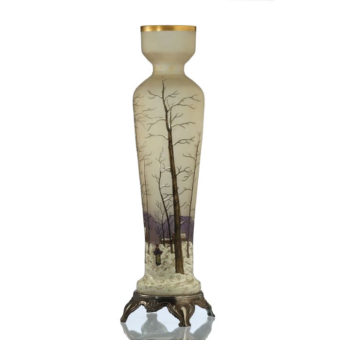 c.1920 Legras Paysage de Neige Enamelled Snow Landscape Glass Vase