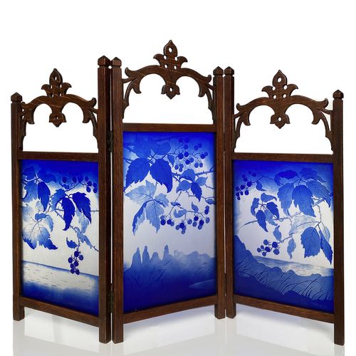 c.1910 Wood Paravan with Val St. Lambert Acid Cameo Glass Panels