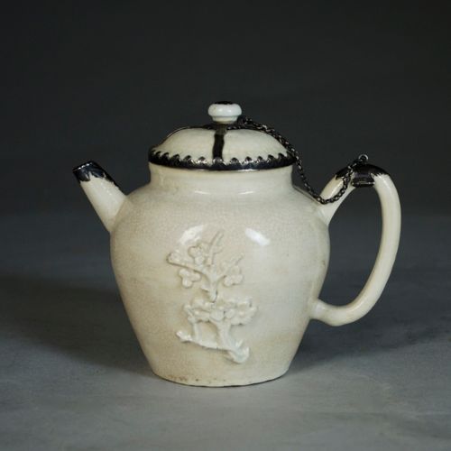 Rare Silver Mounted Chinese White Glazed Crackleware Teapot