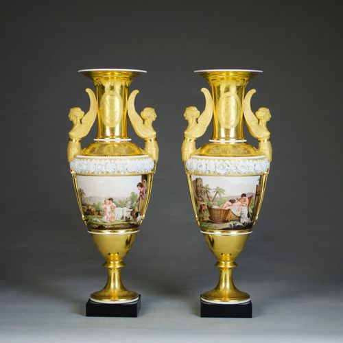 Important Pair of Paris Porcelain Two Handled Slender Vases