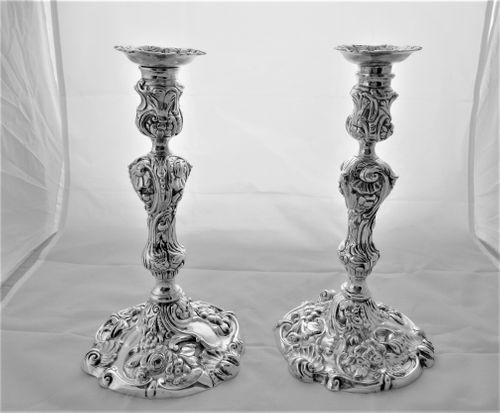 Superb quality pair of heavy cast George II silver rococo candlesticks London 1743 WS