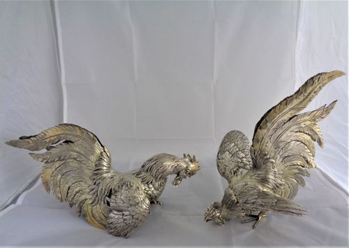 Good pair Continental silver fighting cocks C1900
