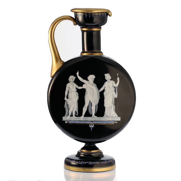 c.1890 Harrach Black Amethyst Glass Ewer Enamelled with Classical Figures